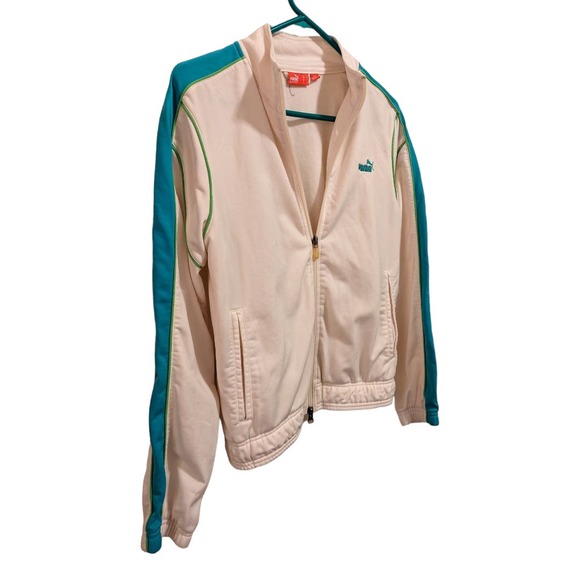Vintage Zip Up Puma Track Jacket White with Teal/Green Striped Sleeves. Men's M - Picture 2 of 8